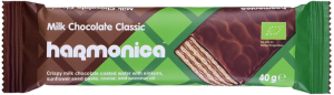 WAFELEK Z KREMEM MLECZNO - KAKAOWYM W POLEWIE Z MLECZNEJ CZEKOLADY BIO 40 g - HARMONICA