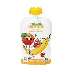 MUS BANAN - JABŁKO - TRUSKAWKA - MALINA BEZ DODATKU CUKRÓW BEZGLUTENOWY OD 6 MIESIĄCA BIO 100 g - FRECHE FREUNDE