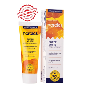 PASTA DO ZĘBÓW REMINERALIZUJĄCA SUPER WHITE Z PŁYNNYM SZKLIWEM BEZ FLUORU 75 ml - NORDICS