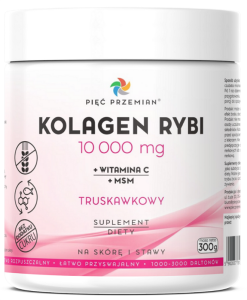 KOLAGEN RYBI + MSM + WITAMINA C TRUSKAWKOWY W PROSZKU BEZGLUTENOWY 300 g - PIĘĆ PRZEMIAN