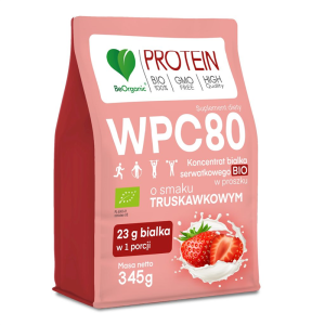 BIAŁKO SERWATKOWE O SMAKU TRUSKAWKOWYM (KONCENTRAT WPC 80) BEZ DODATKU CUKRÓW BIO 345 g - BE ORGANIC