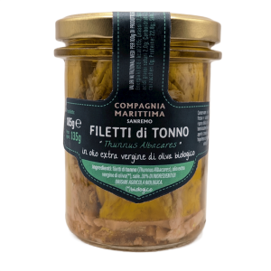TUŃCZYK ŻÓŁTOPŁETWY FILETY W BIO OLIWIE Z OLIWEK EXTRA VIRGIN 185 g (135 g) (SŁOIK) - COMPAGNIA MEDITERRANEA