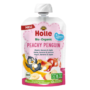 MUS BRZOSKWINIOWY PINGWIN (BRZOSKWINIA - BANAN - JABŁKO - JOGURT) BEZ DODATKU CUKRÓW BEZGLUTENOWY OD 8 MIESIĄCA BIO 100 g - HOLLE